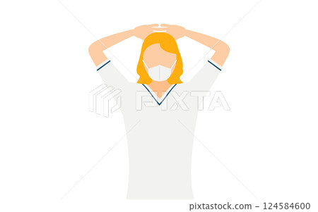 A simple illustration of a blonde female nurse putting her hands behind her head 124584600