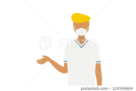 A simple illustration of a male nurse with a pompadour talking 124584604