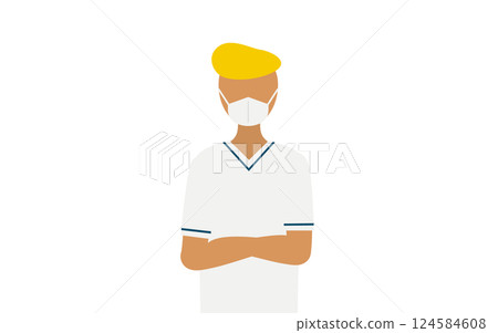 一位男護士的簡單插圖，他留著蓬巴杜髮型，雙臂交叉 124584608