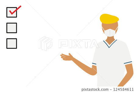A simple illustration of a male nurse with a pompadour urging caution with a checklist 124584611
