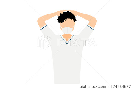 A simple illustration of a black-haired male nurse with his hands behind his head 124584627