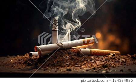 Close-up of smoking cigarettes burning. AI-generated item 124584980