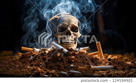 Human skull surrounded by burning cigarettes with rising thick smoke. AI-generated item 124584981