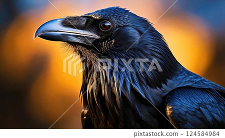 Detailed close-up of black raven with glossy feathers. AI-generated item Detailed close-up of black raven with glossy feathers. AI-generated item 124584984