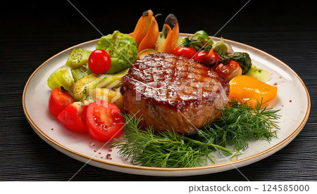 Juicy grilled steak with colorful roasted vegetables. AI-generated item 124585000