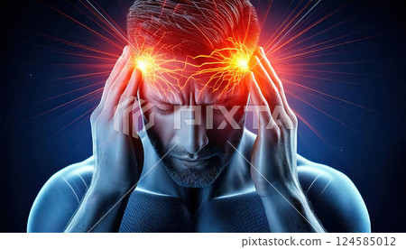 Man suffering from intense headache. AI-generated item 124585012