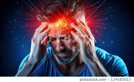 Man suffering from intense headache. AI-generated item Man suffering from intense headache. AI-generated item 124585013