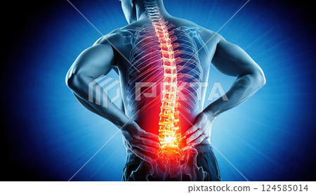 Man holding lower back in pain with glowing spine illustration. AI-generated item Man holding lower back in pain with glowing spine illustration. AI-generated item 124585014