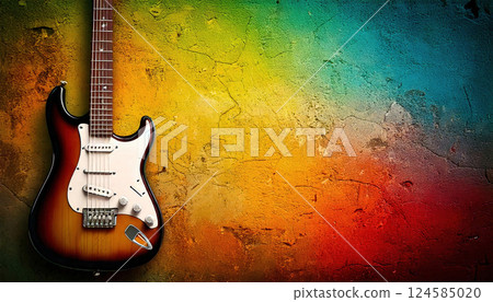 Stylish electric guitar over vibrant grunge textured wall. AI-generated item 124585020