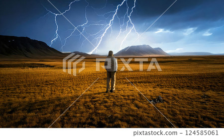 Alone man standing in field watching powerful lightning bolts in sky. AI-generated item 124585061