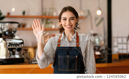 Smiling woman barista waving at client greeting guests. AI-generated item 124585062