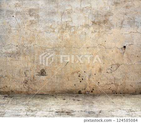 Empty interior scene with stucco wall and concrete floor. Open space with cement wall and floor. Rugged weathered urban wall backdrop. Mock-up with copy space. Grunge interior background. 3d render Empty interior scene with stucco wall and concrete floor. Open space with cement wall and floor. Rugged weathered urban wall backdrop. Mock-up with copy space. Grunge interior background. 3d render 124585084