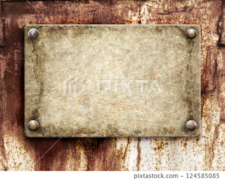 Old metallic plank with rivets on rusty metal surface. Vintage metal plate with nails. Can be used for steampunk, retro and vintage design. Mock up template. Copy space for text 124585085
