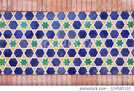 Horizontal background with detail of ancient mosaic wall of Sher-dor Madrassah, Registan complex, Samarkand, Uzbekistan. Traditional iranian tile decorations 124585110