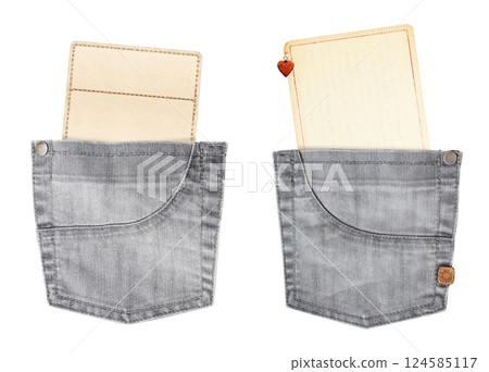 Set of blank paper tag in jeans pocket. Collection eco-friendly paper label in denim pocket. Sustainable development of strategy approach to zero waste, responsible consumption. Isolated on white Set of blank paper tag in jeans pocket. Collection eco-friendly paper label in denim pocket. Sustainable development of strategy approach to zero waste, responsible consumption. Isolated on white 124585117