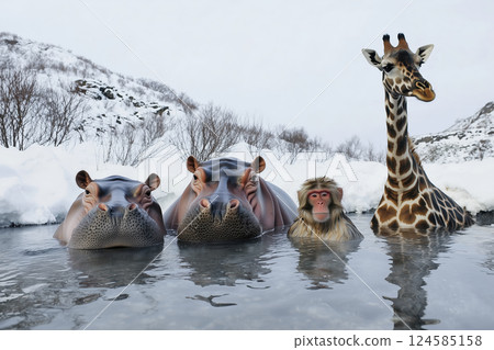 Exotic animals relaxing in snowy hot spring. AI-generated item Exotic animals relaxing in snowy hot spring. AI-generated item 124585158