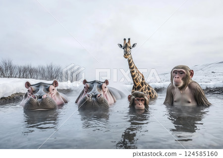 Exotic animals relaxing in snowy hot spring. AI-generated item 124585160
