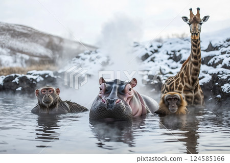 Exotic animals relaxing in snowy hot spring. AI-generated item 124585166