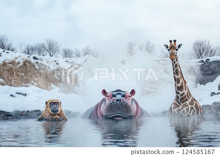 Exotic animals relaxing in snowy hot spring. AI-generated item Exotic animals relaxing in snowy hot spring. AI-generated item 124585167