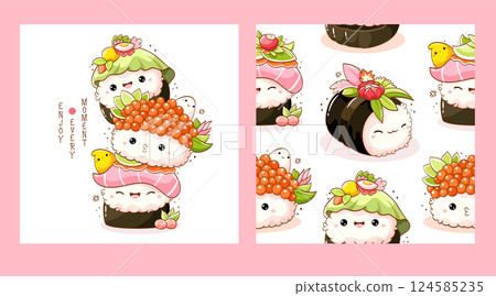 Set of seamless pattern and one print with cute sushi and roll in kawaii style. Endless texture can be used for textile pattern fills, t-shirt design, web page background. Vector illustration EPS8 124585235