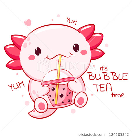 Lovely little axolotl with bubble tea cup. Baby card  in kawaii style with cute animal and Boba Tea cup. Childish print with funny axolotl for t-shirt  print, sticker, greeting card. Vector EPS8 124585242
