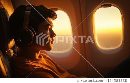 Young man enjoy music on headphones looking at airplane window at sunset. AI-generated item 124585288
