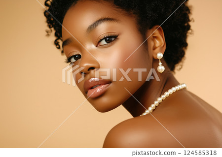 Pretty young african american woman wearing pearl necklace and earrings over beige background. AI-generated item 124585318