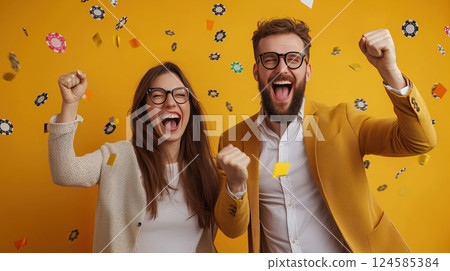 Joyful happy couple celebrating a win at casino. AI-generated item 124585384