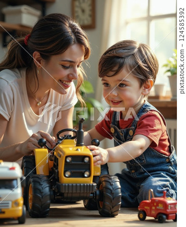 Joyful parent-child bond with toy tractor in sunlit room - playful family interaction theme for parenting content 124585392