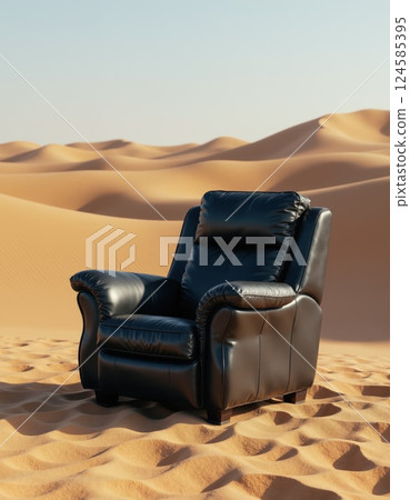Luxurious black leather armchair in serene desert landscape perfect for relaxation concept 124585395