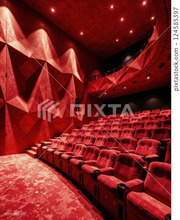 Luxurious red theater interior design with geometric wall patterns for modern cinematic experiences 124585397
