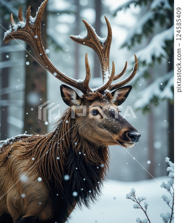 Majestic winter elk in snowy forest setting for nature and wildlife themes 124585409