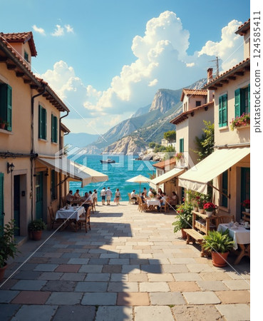 Mediterranean coastal village scene with charming cafes and majestic mountain views 124585411