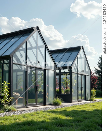 Modern greenhouse design with glass aesthetic for sustainable urban gardening and horticultural inspiration 124585420