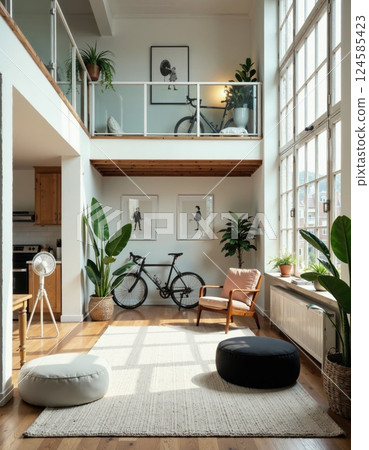 Modern loft living space with indoor plants and bicycle decor for urban lifestyle inspiration 124585423