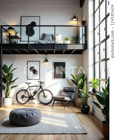 Modern loft living space with minimalist decor and industrial touches, ideal for urban lifestyle inspiration 124585424