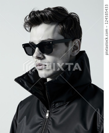Modern urban style portrait of young man in black jacket and sunglasses reflecting cool confidence 124585433