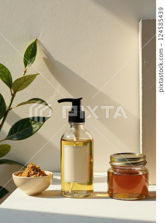 Natural skincare essentials: botanical oil, homemade scrub, and honey jar on minimalist sunlit surface 124585439