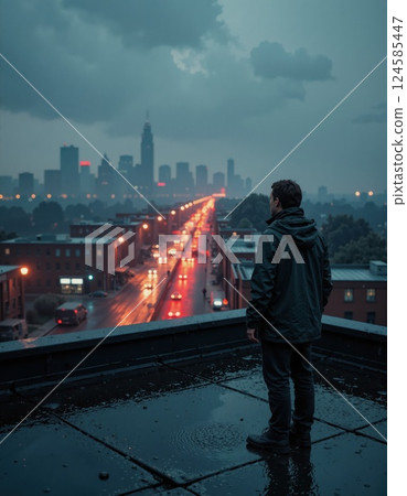 Reflective man on rooftop overlooking rainy cityscape at dusk urban exploration mood Reflective man on rooftop overlooking rainy cityscape at dusk urban exploration mood 124585447