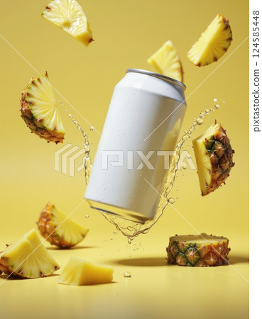 Refreshing pineapple splash with floating aluminum can on vibrant yellow background for summer beverage design 124585448