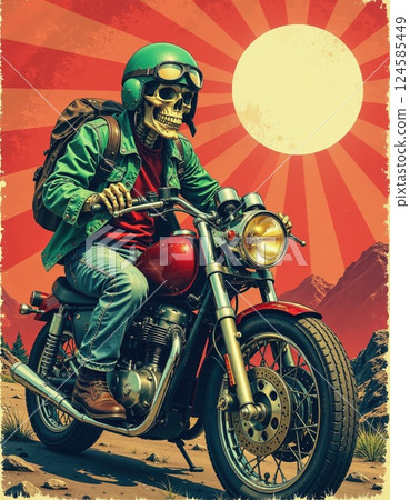 Retro adventure skeleton biker underneath radiant sunburst design for nostalgic poster print 124585449