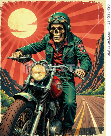 Retro biker adventure in a vintage comic style under a dramatic sunset 124585450