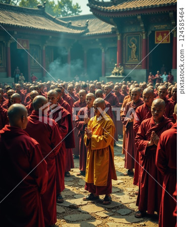 Serene monastic gathering in traditional temple courtyard with monks in vibrant robes 124585464