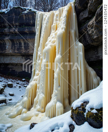 Surreal winter waterfall with creamy cascade and snow-covered rocks in tranquil nature scene 124585472