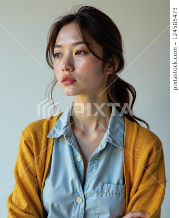 Thoughtful contemplation: casual autumn fashion portrait of young woman in yellow cardigan and blue blouse 124585473