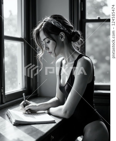 Thoughtful young woman writing in journal by window: reflective moment in black and white 124585474