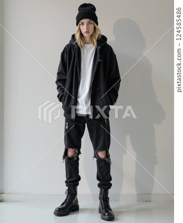 Urban streetwear fashion: casual grunge style with black ripped jeans and combat boots 124585486