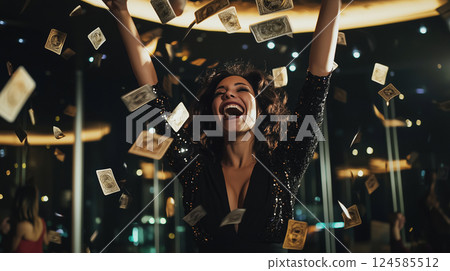 Excited young woman celebrating big win at casino poker table. AI-generated item 124585512