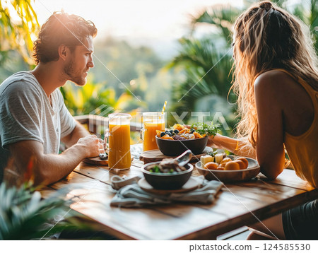 Young couple enjoying healthy breakfast on balcony with scenic view. AI-generated item 124585530