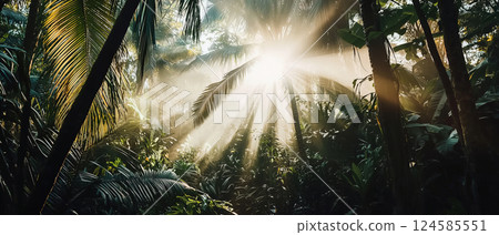 Sun rays shine through lush green tropical jungle. AI-generated item 124585551